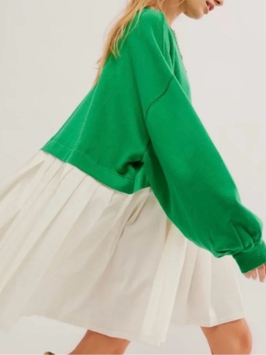 Free People Dresses & Skirts - Free People Dress Size XL Green White Mixed Media Sweatshirt Tunic Boho Oversize